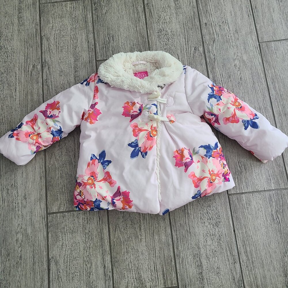 Joules Clothing baby girl winter heavy coat white pink floral 18-24 M